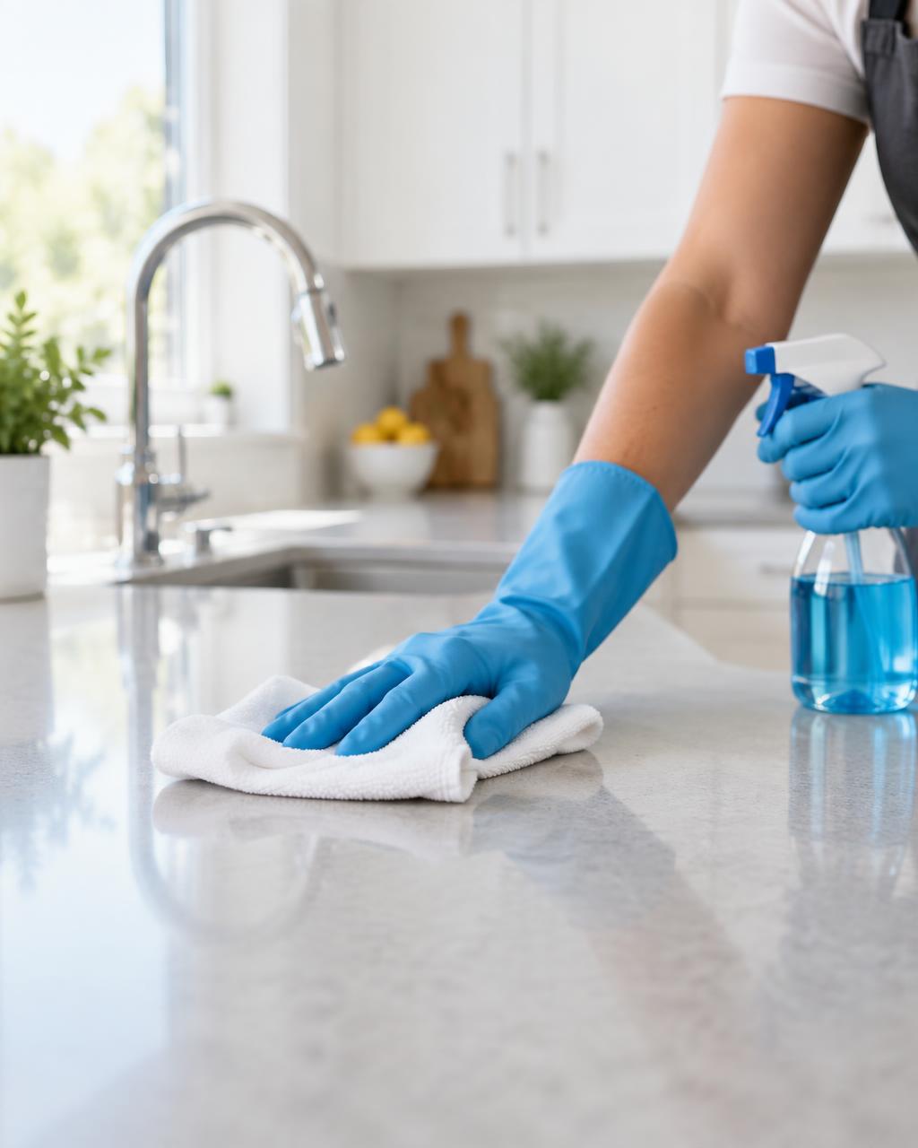 Gloved hands wiping an office desk with a microfiber cloth during a Cleaning Victory Office Cleaning visit